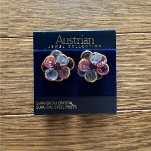 Austrian Jewel Swarovski Crystal Flower Petal Cluster Gold-tone Earrings Vintage